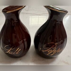 Vintage Redware Made In Japan MCM Salt and Pepper Shakers Brown and Gold